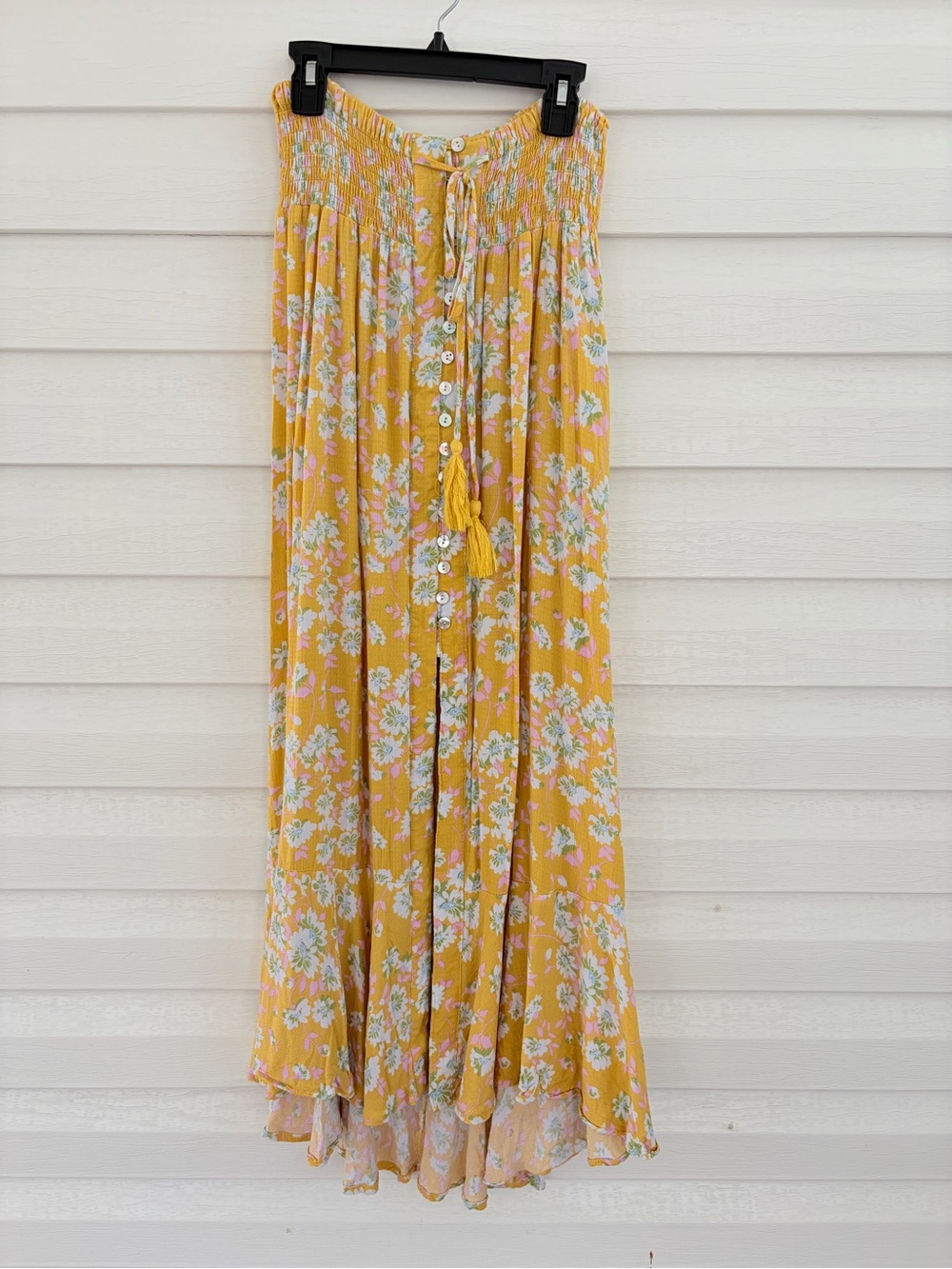 Rachel Zoe Yellow Floral Button Front Maxi Skirt Tassel Tie M Boho Cottagecore